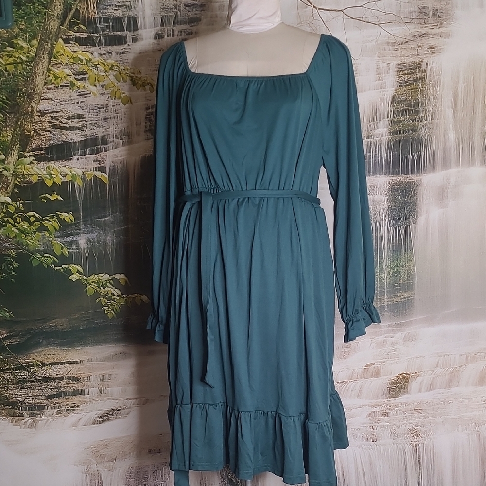 New! Kojooin Womens 3XL long sleeve on or off shoulder green flowy pleated dress